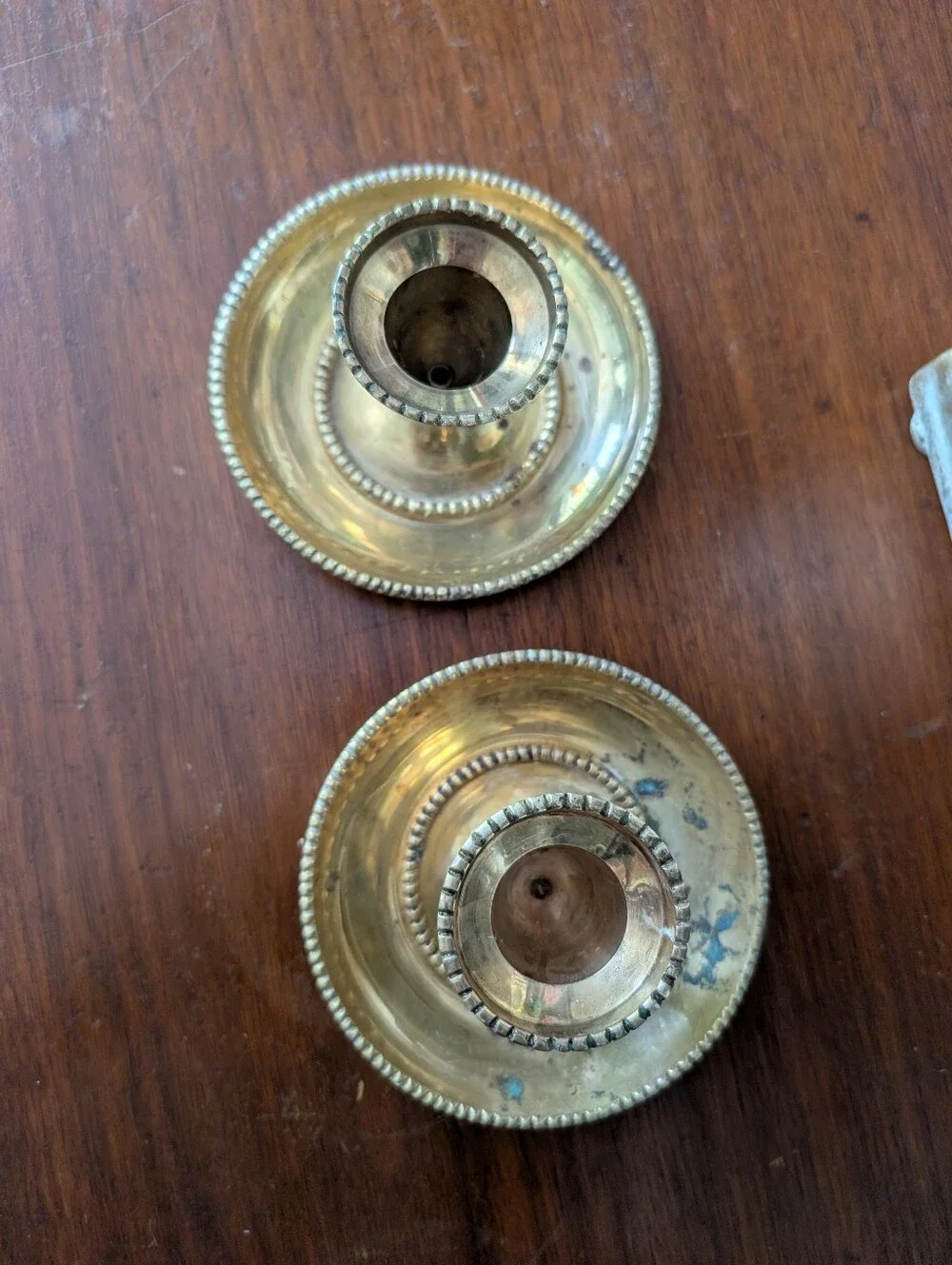 Vintage, set of 2,  solid Brass Round Candlestick Holder, beaded trim 2